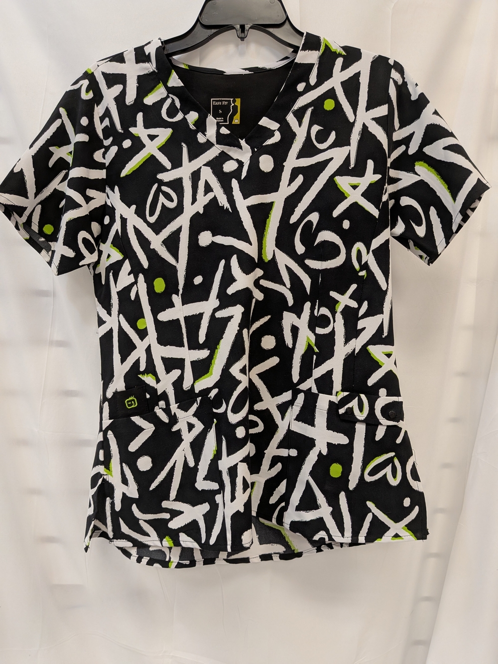Black Graphic Short-Sleeve Top with Neon Green Accents Scrubs